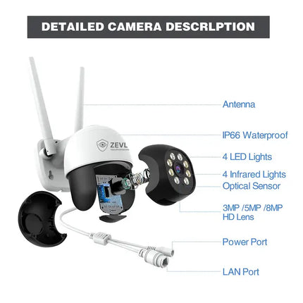 Zevlix  8MP Outdoor PTZ Wifi Security Camera High quality HD camera performance