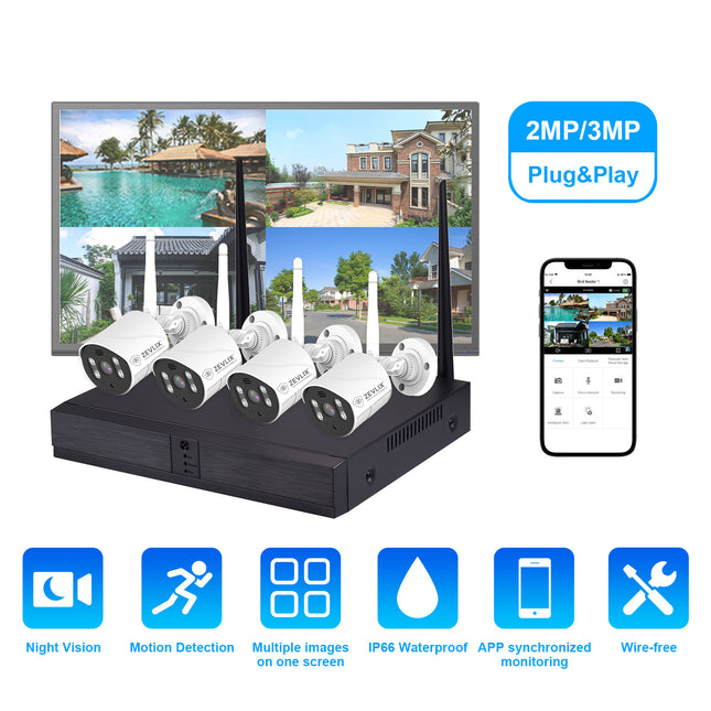Zevlix  4-Pack Outdoor Wireless Security Camera System,NVR Wireless Recorder Surveillance kit 3MP HD Pixels