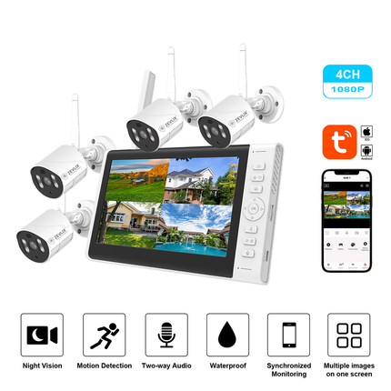 Zevlix  4CH Outdoor Security Camera with 7-inch surveillance screen,NVR Wireless Recorder Surveillance kit 2MP HD Pixels