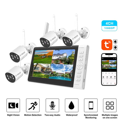 Zevlix 4CH Outdoor Security Camera with 7-inch surveillance screen,NVR Wireless Recorder Surveillance kit 2MP HD Pixels