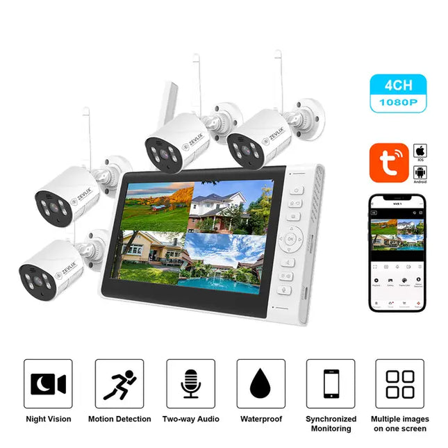 Zevlix 4CH Outdoor Security Camera with 7-inch surveillance screen,NVR Wireless Recorder Surveillance kit 2MP HD Pixels