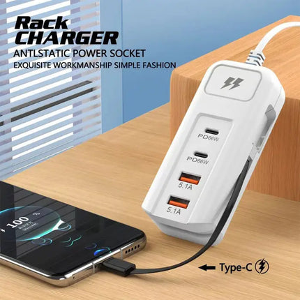 4 Ports (2 USB＋2 Type-C）Charging Adapter Comes with Type-c Cable-White