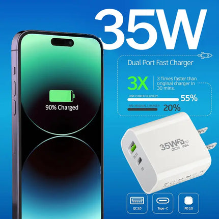 35W Dual Port (USB+Tyep-C) USB Power Adapter Type C Fast Charging Plug