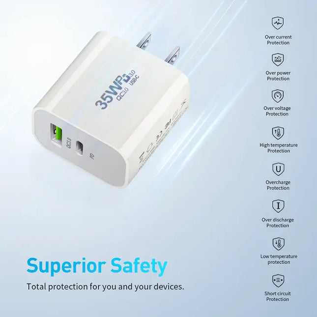 35W Dual Port (USB+Tyep-C) USB Power Adapter Type C Fast Charging Plug