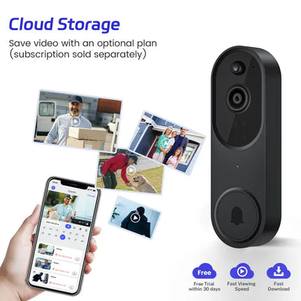 Zevlix  1080P Wireless Video Doorbell Camera, AI Human Detection, Live View, Night Vision, Chime Ringer, Instant Alerts, 2.4G WiFi，Free Chime