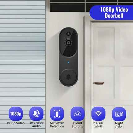 Zevlix  1080P Wireless Video Doorbell Camera, AI Human Detection, Live View, Night Vision, Chime Ringer, Instant Alerts, 2.4G WiFi，Free Chime